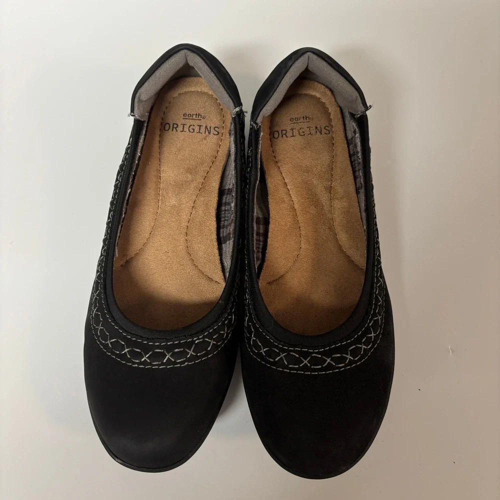 Earth Origins Black Nubuck Leather Ballet Flats Whipstitch Trim Women Size 6.5